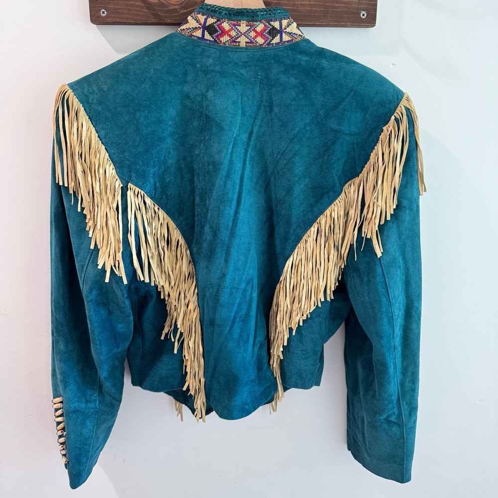 Vintage Teal Leather Jacket with Fringe - Picture 5 of 10